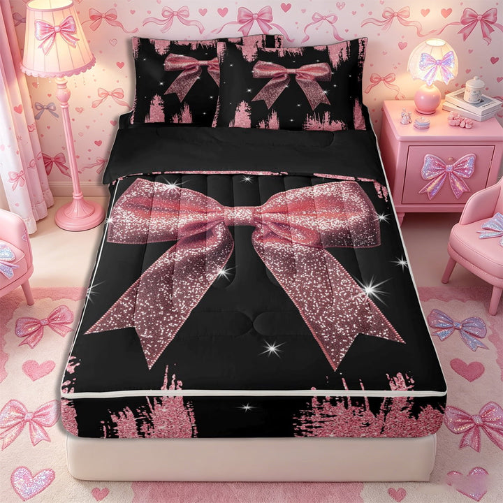 Meiyoeat Girly Pink Bow Zipper Full Size Comforter Sets with Fitted Sheet and 2 Pillowcases for Teens, Sparkle Glitter Print Zipper Bedding Set for Bedroom,4pcs,Black Reversible