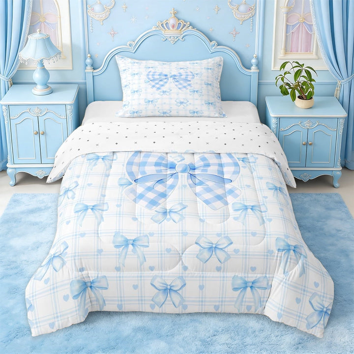 Erosebridal Blue Bow Tie Twin Comforter Sets For Kids,Dreamy Princess Style Loves Bedding Set For Girls,Reversible,2 Pieces