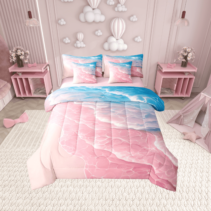 Erosebridal Pink Beach Bed in a Bag Twin size, Romantic Ocean Bed Set, Coastal Marine Reversible Bedding Twin Size, Microfiber Bedroom Decoration, 7pcs
