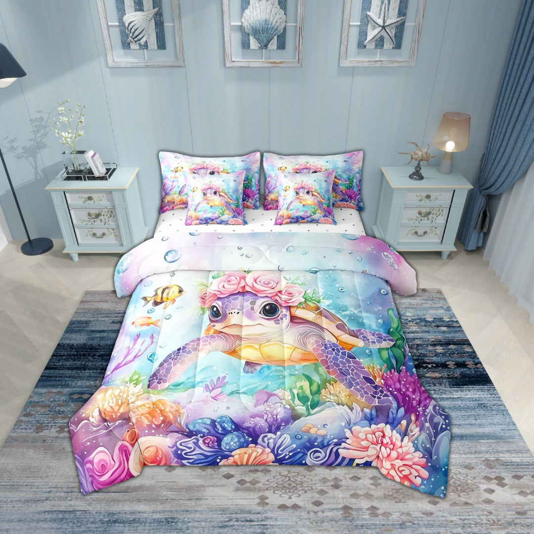 Erosebridal Floral Turtle Bedding Sets Twin Size,Underwater World Comforter Sets with Sheets,Sealife Decoration,Breathable,7pcs