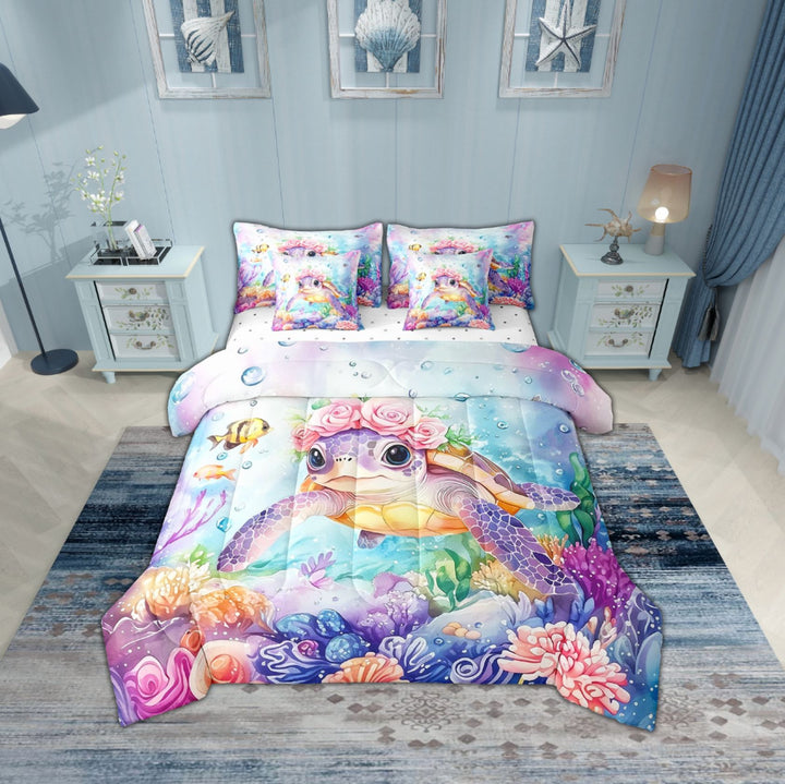 Erosebridal Floral Turtle Bedding Sets Twin Size,Underwater World Comforter Sets with Sheets,Sealife Decoration,Breathable,7pcs