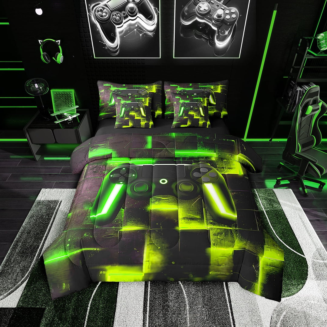 7-Piece Gaming Video Game Bed in a Bag Youth Modern Gradient Buffalo Bedding Set, Gamepad Gamer Queen Size Comforter Set Futuristic Cubes Bedding Comforter Sets, Black Green Yellow Bed Set