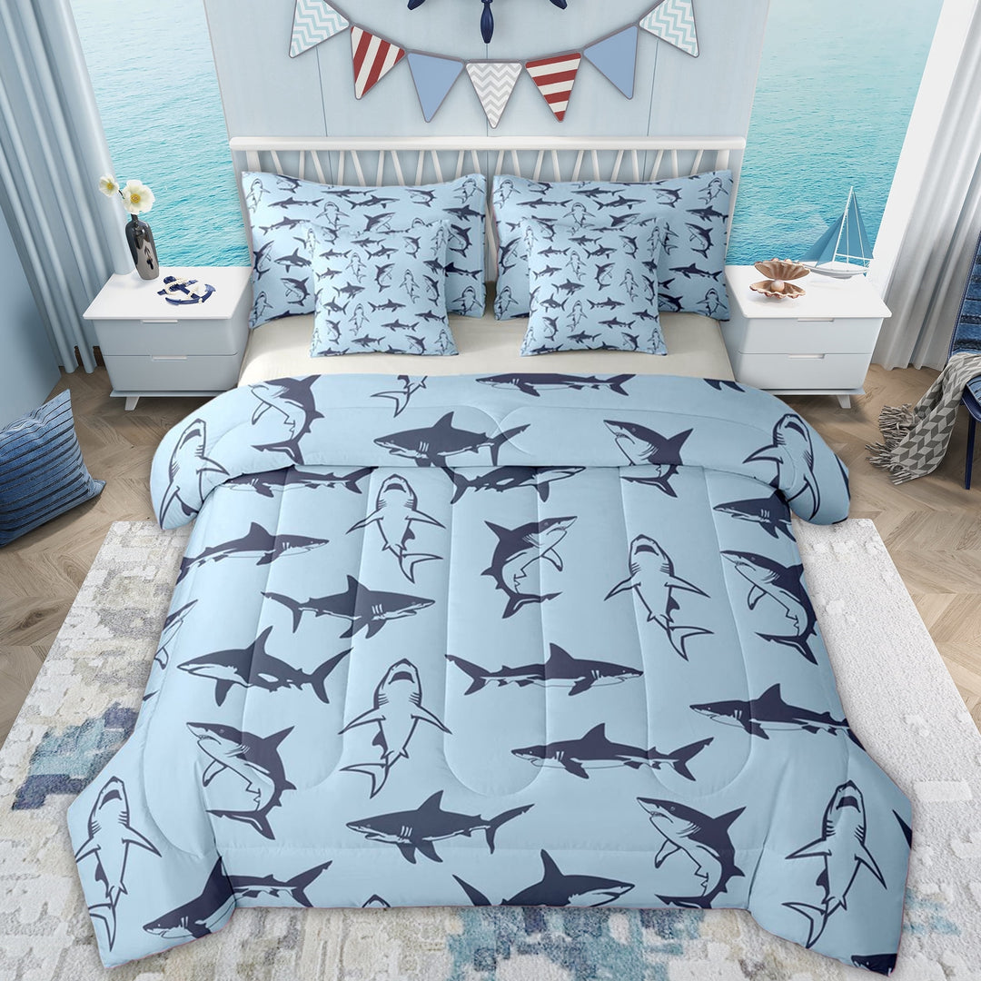 Erosebridal Blue Shark Twin Bedding Sets for Kids, Cartoon Fish Bedding Comforter Set, Grey Reversible, 7pcs