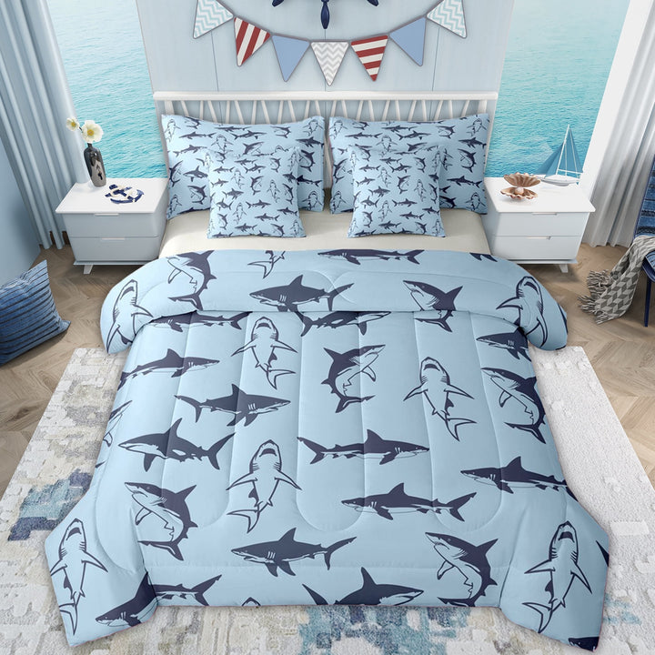 Erosebridal Blue Shark Twin Bedding Sets for Kids, Cartoon Fish Bedding Comforter Set, Grey Reversible, 7pcs