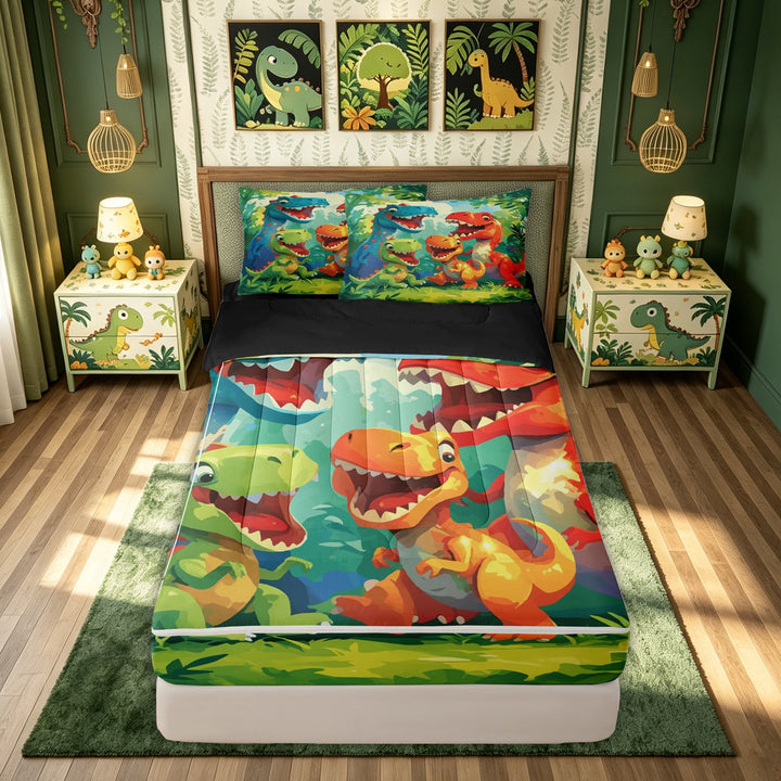 meiyoeat Kawaii Dinosaur Faimly Zipper Comforter Set with Fitted Sheet and 2 Pillowcases for Kids, Cartoon T-rex Animal Zipper Bedding Set, Blue Green, Black Reversible, 3 Pieces