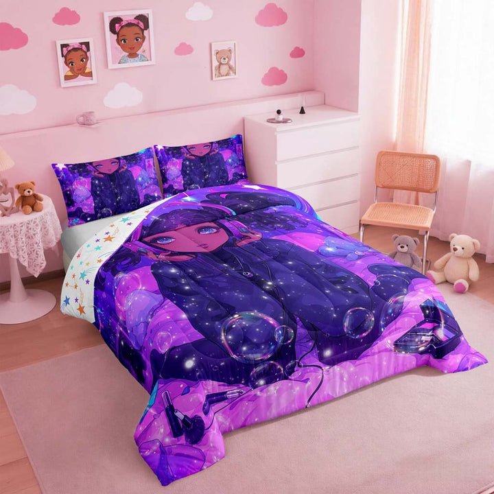 Erosebridal Black Princess Comforter Set American African Full Bedding Sets Reversible Colorful Stars Bed Comforter Set Teen Women Purple Blue Aesthetics Quilt Set