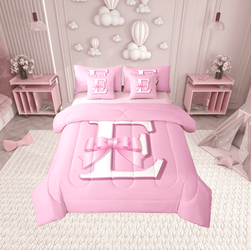 Erosebridal Monogrammed E Bed in a Bag Twin size, Initial Letter Bed Set, Pink Bow Reversible Bedding Twin Size, Super Cozy Bedroom Decor, 7-Piece