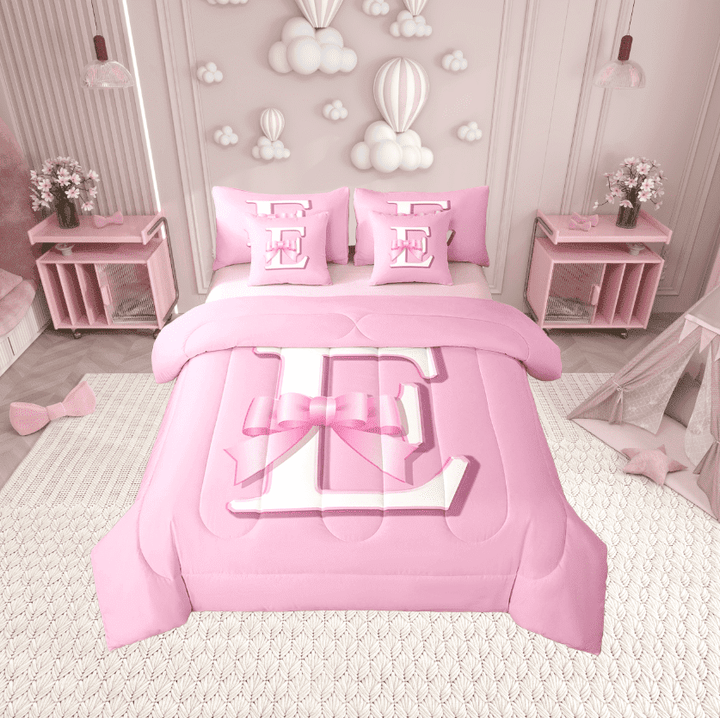 Erosebridal Monogrammed E Bed in a Bag Twin size, Initial Letter Bed Set, Pink Bow Reversible Bedding Twin Size, Super Cozy Bedroom Decor, 7-Piece