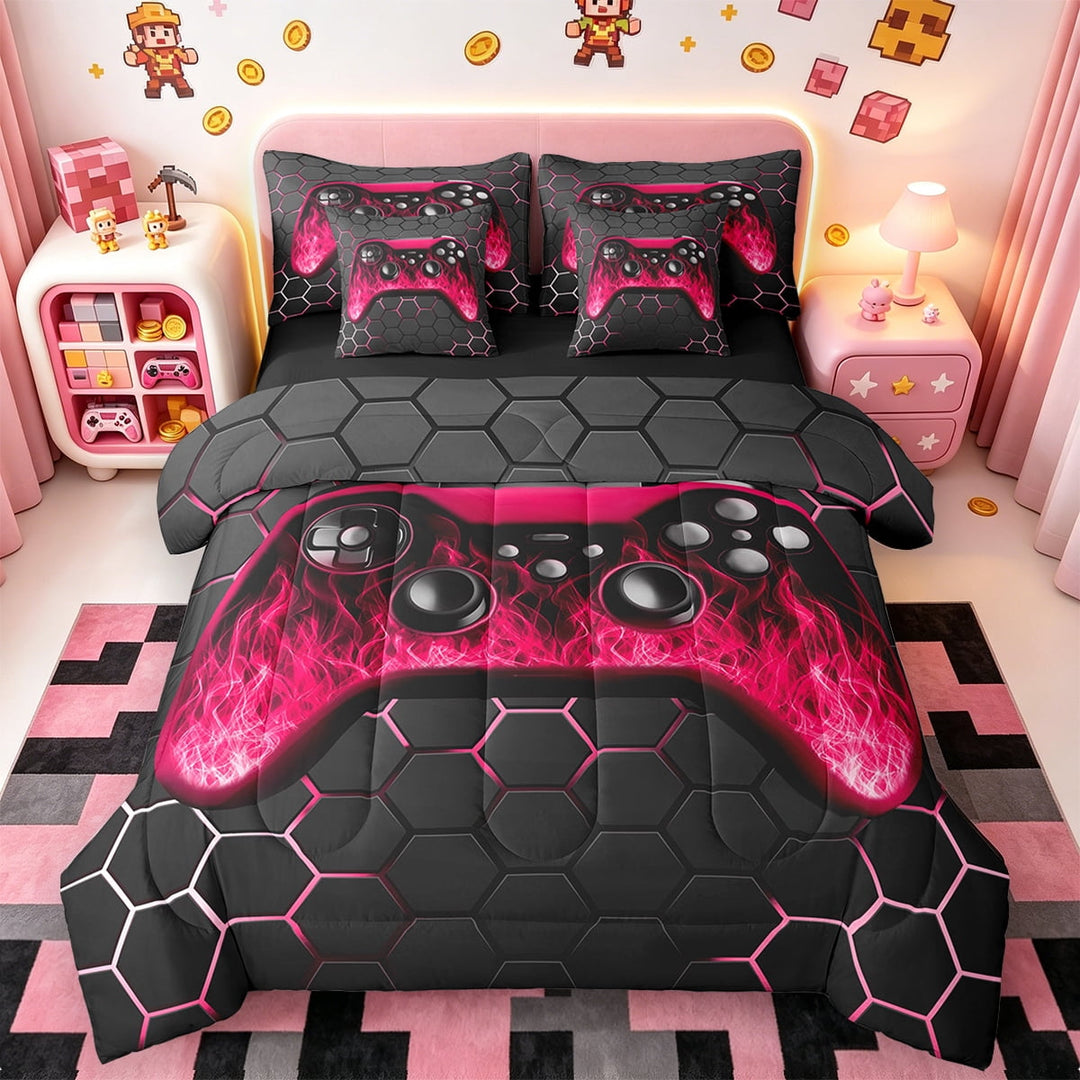 Manfei Neon Gamepad Bedding Twin Size,Modern Geometric Honeycomb Comforter Sets with Sheets,Red Black Bedding Sets Twin Size For Boys Kids,Super Cozy Bedroom Decor Reversible,7pcs