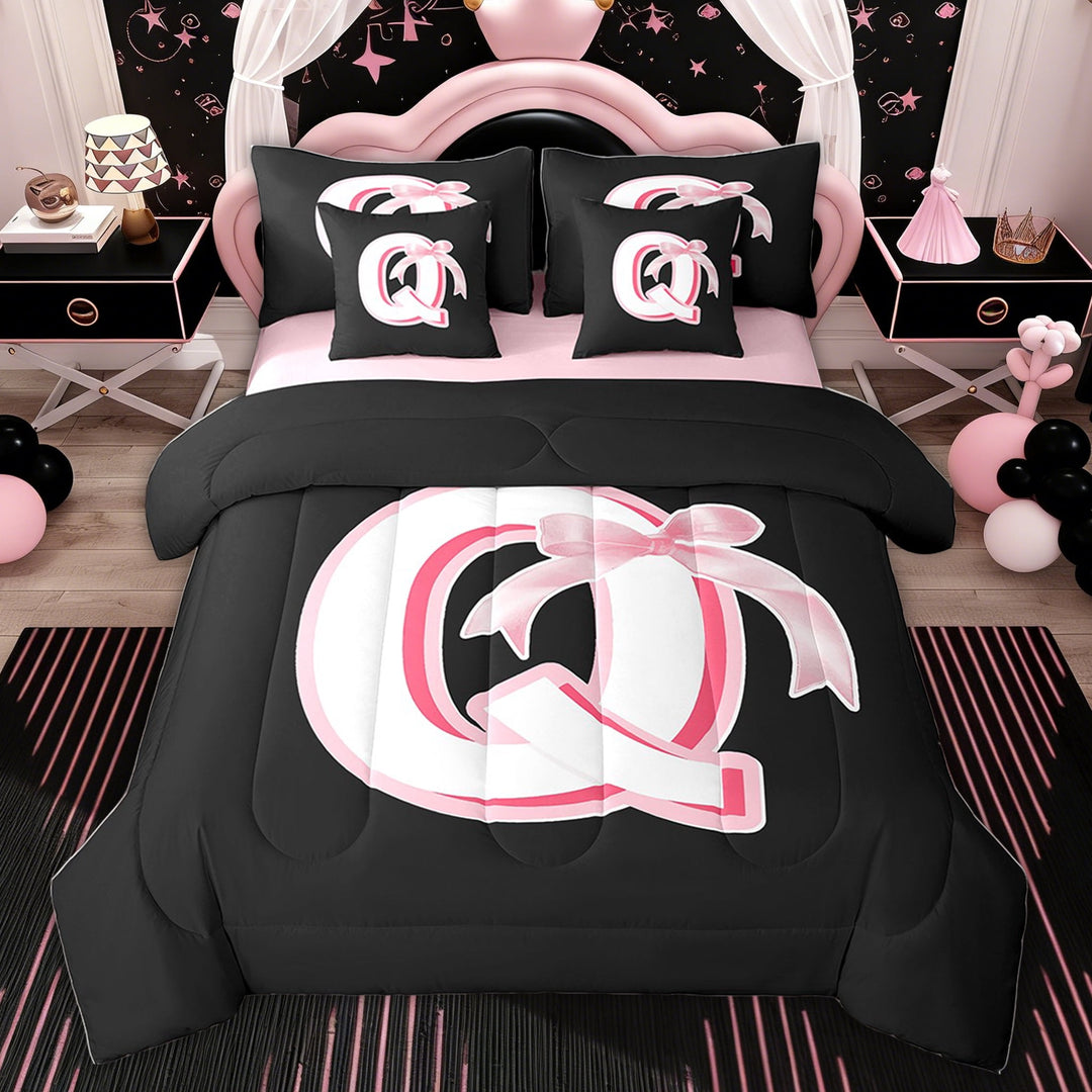 Erosebridal Monogrammed Q Comforter Bedding Sets Twin Size, Pink Princess Bow Initial Letter Reversible Bed Set, 7 Pieces