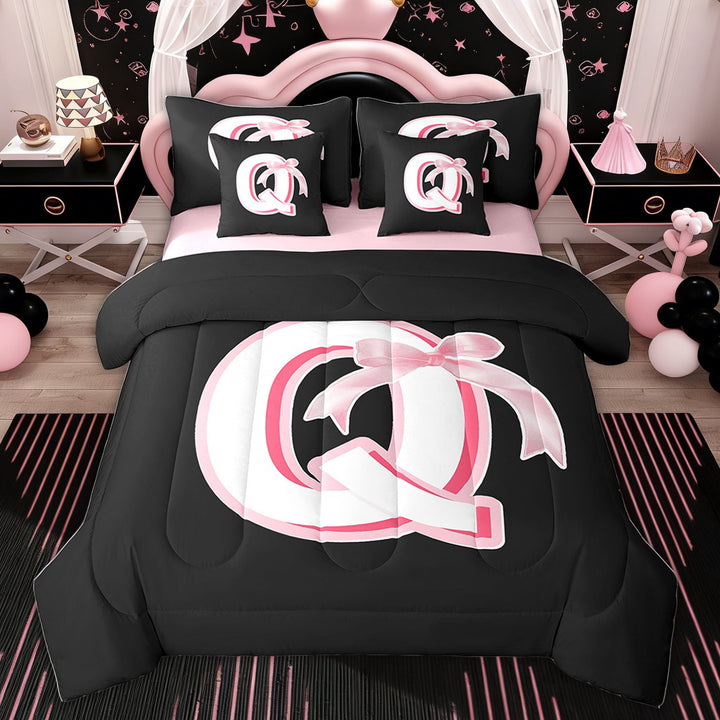 Erosebridal Monogrammed Q Comforter Bedding Sets Twin Size, Pink Princess Bow Initial Letter Reversible Bed Set, 7 Pieces