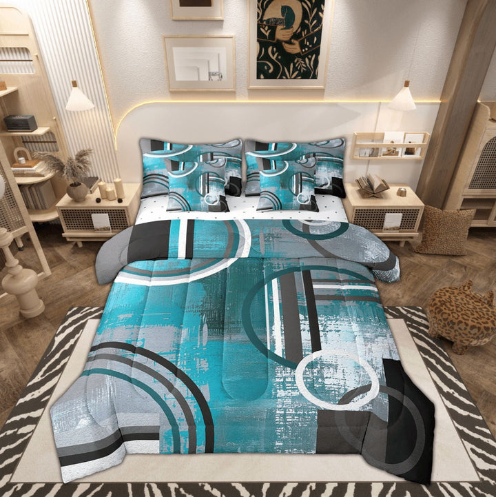 Erosebridal Teal Blue Green Gray 7 Piece Comforter Set Queen Size,Grunge Oil Painting Style Bed in a Bag,Modern Geometric Swirls Down Comforter,Abstract Circles Square Pattern Quilt Bedroom Decor