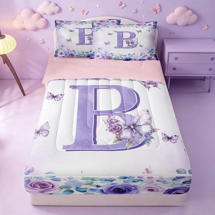 meiyoeat 3D Cartoon Initial B Zipper Twin Comforter Sets with Fitted Sheet and 2 Pillowcases For Girls,Purple Butterfly Floral Zipper Bedding Set,Pink Reversible,4 Pieces