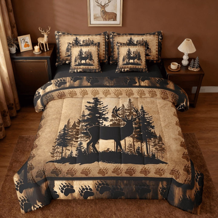 Manfei Cute Deer 7 Pieces Bedding Comforter Set For Boys Kids,Deer Hunting Bear Paw Print Full Bedding Set Exotic Style Brown Bed Set Reversible