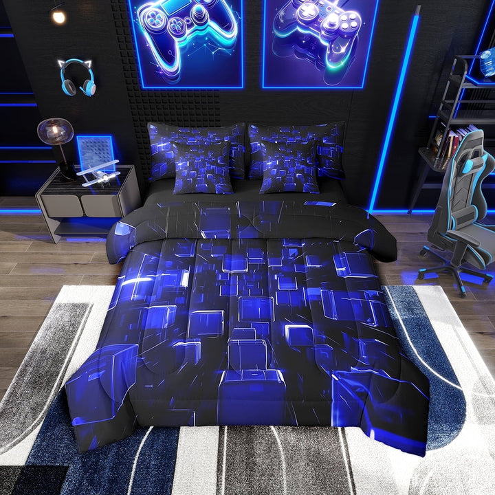 Erosebridal Navy Rectangle Bedding Sets Twin Size, Futuristic Abstract Comforter Sets with Sheets, Geometry Decor, Reversible