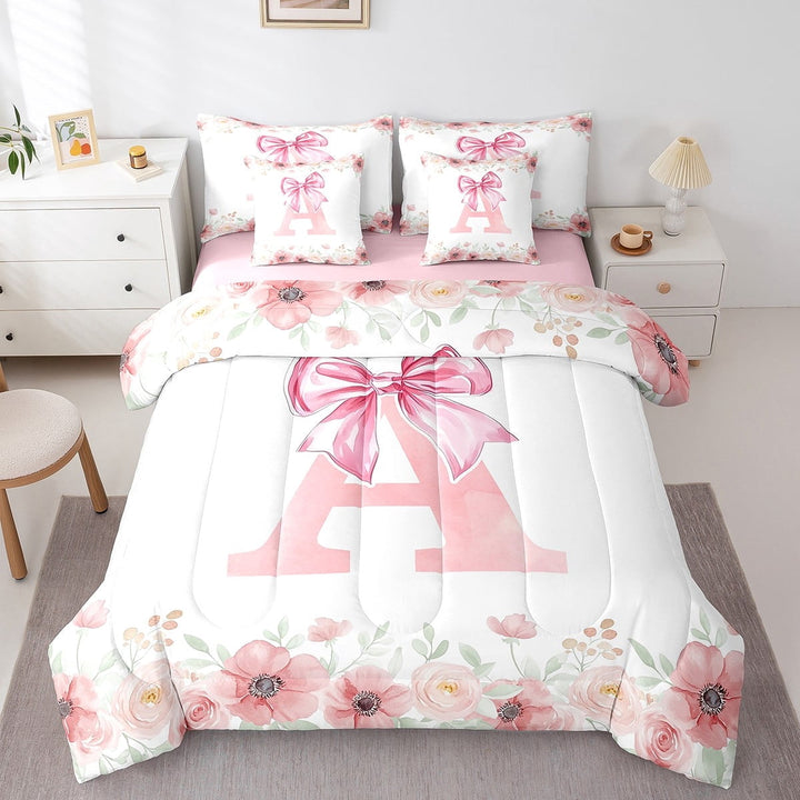 Erosebridal Initial Monogrammed Bedding Sets Twin Size,Floral Bowknot Comforter Sets with Sheets,Letter Room Decorative,Reversible,Lightweight,7-Piece