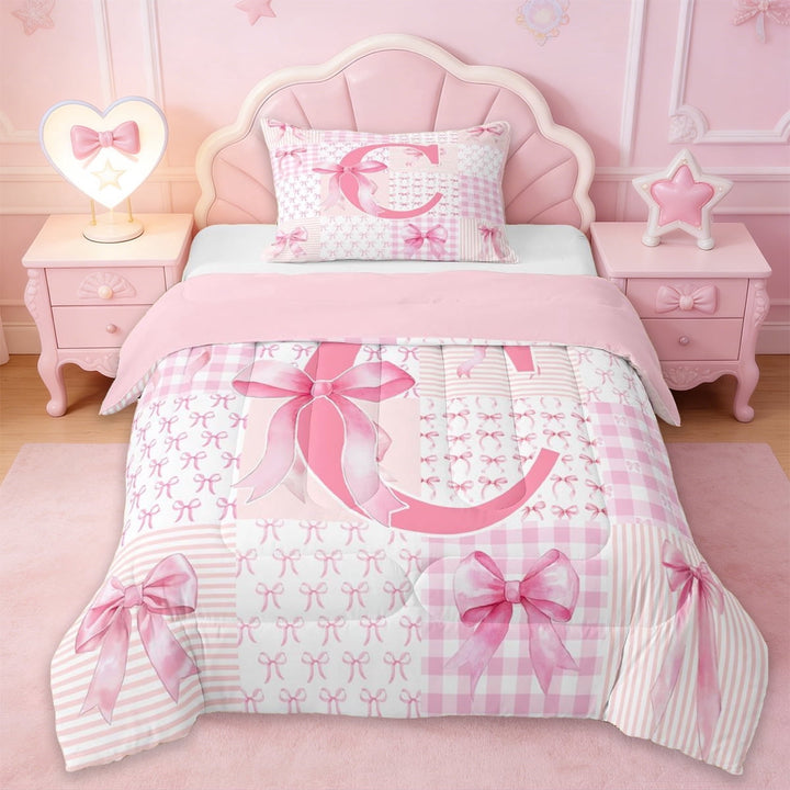 Erosebridal Dreamy Princess Bowknot Twin Comforter Sets,Pink Letter C Monogrammed Bedding Set For Girls Kids,Pink Reversible,2pcs