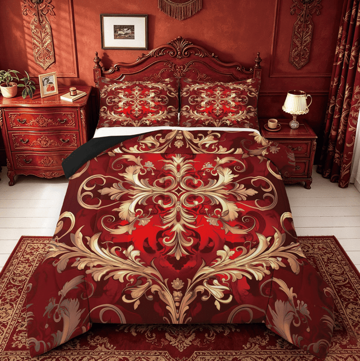 Erosebridal Gothic Damask Bedding Queen Comforter Set,Red Gold Victorian Floral Down Comforter,Retro Aztec Theme Bedding Sets Queen with Comforter,Breathable Room Decor Reversible£¬3 Pieces