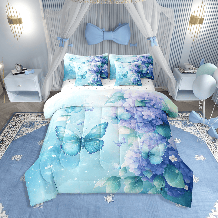 Teal Butterfly Comforter 7 Pieces Floral Queen Bedding Set,Purple Flowers Botanical Bed In A Bag Butterflies Decor Sheet Set Teens