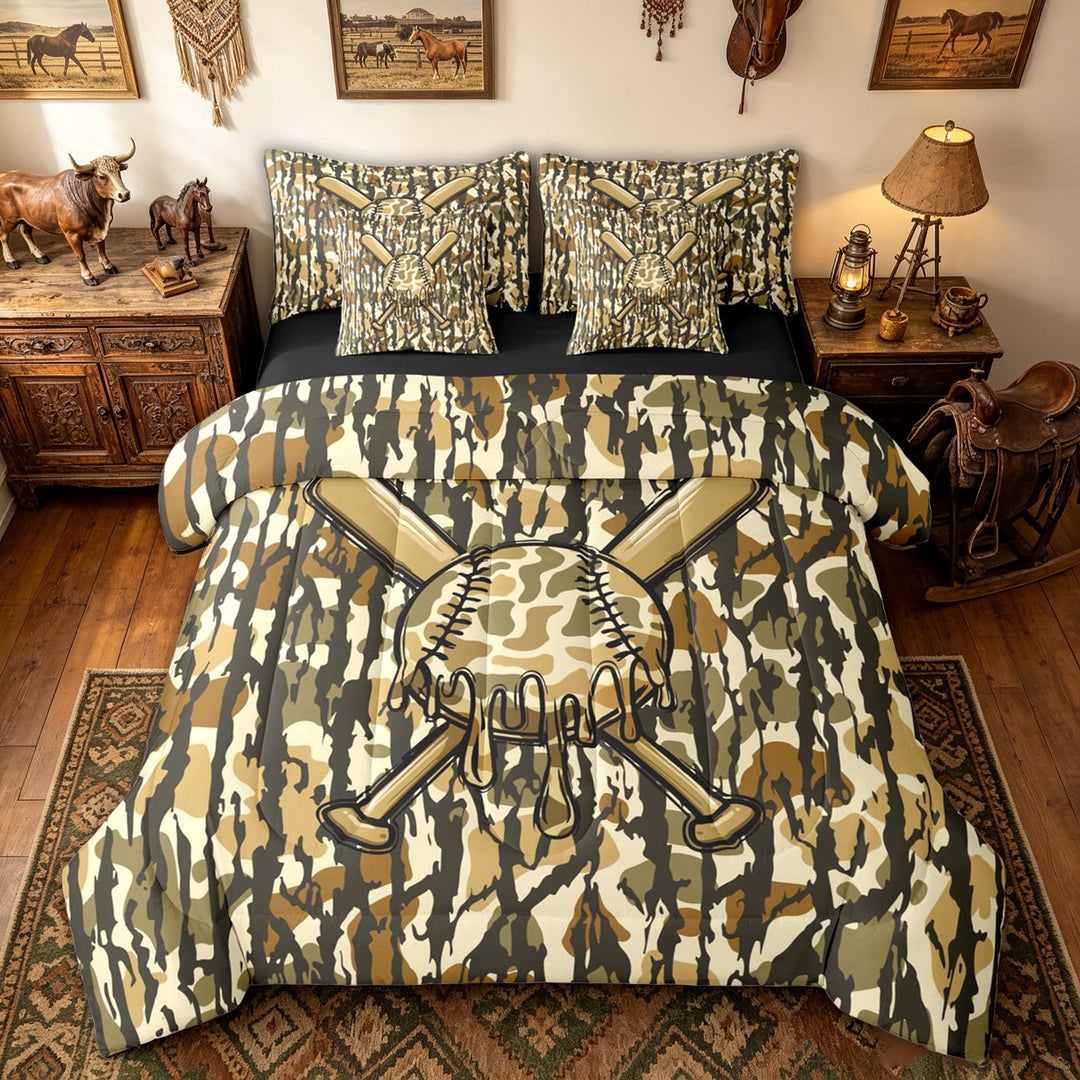 meiyoeat Rustic Camo Baseball Full Size Bedding Sets for Boys, Grunge Camouflage Bat Full Size Bed in a Bag, Olive, Black Reversible, 7 Pieces