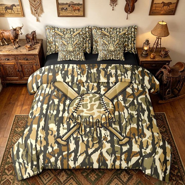 meiyoeat Rustic Camo Baseball Full Size Bedding Sets for Boys, Grunge Camouflage Bat Full Size Bed in a Bag, Olive, Black Reversible, 7 Pieces