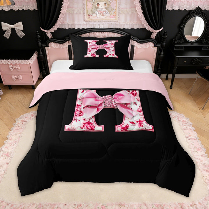 Erosebridal Pink Floral Letter H Bow Twin Comforter Sets for Girls Women, Princess Bowknot Bedding Set, Reversible, 2pcs