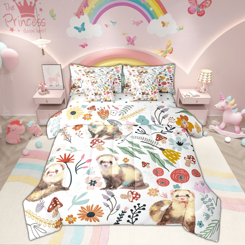 Kawaii Ferret Comforter Set 7 Piece Bed in a Bag Twin,Mushroom Floral Cartoon Animal Bedding Sets Watercolor Flowers Leaves Sheet Set with Comforter