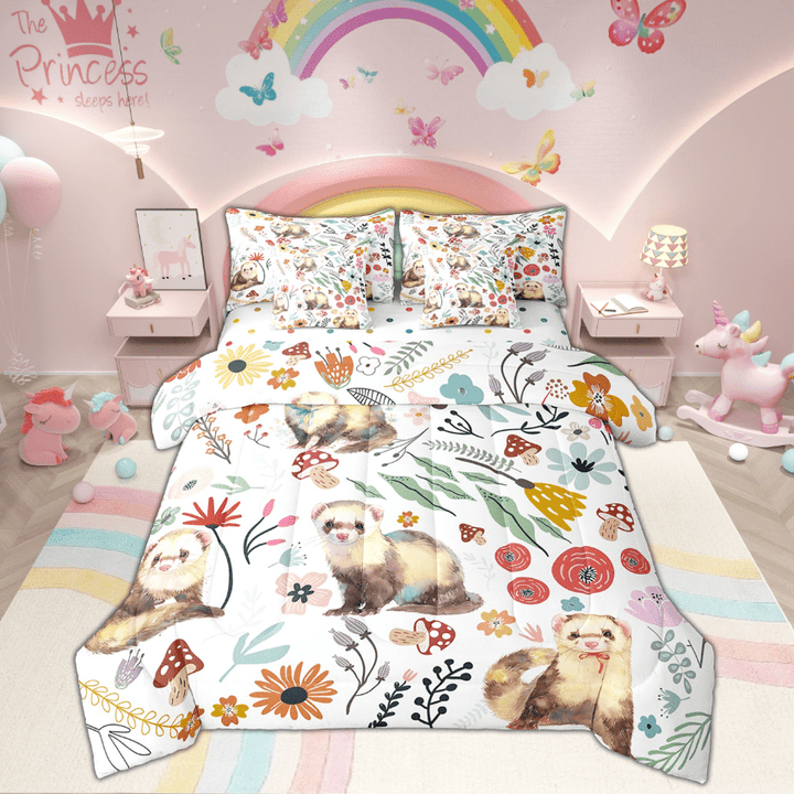 Kawaii Ferret Comforter Set 7 Piece Bed in a Bag Twin,Mushroom Floral Cartoon Animal Bedding Sets Watercolor Flowers Leaves Sheet Set with Comforter