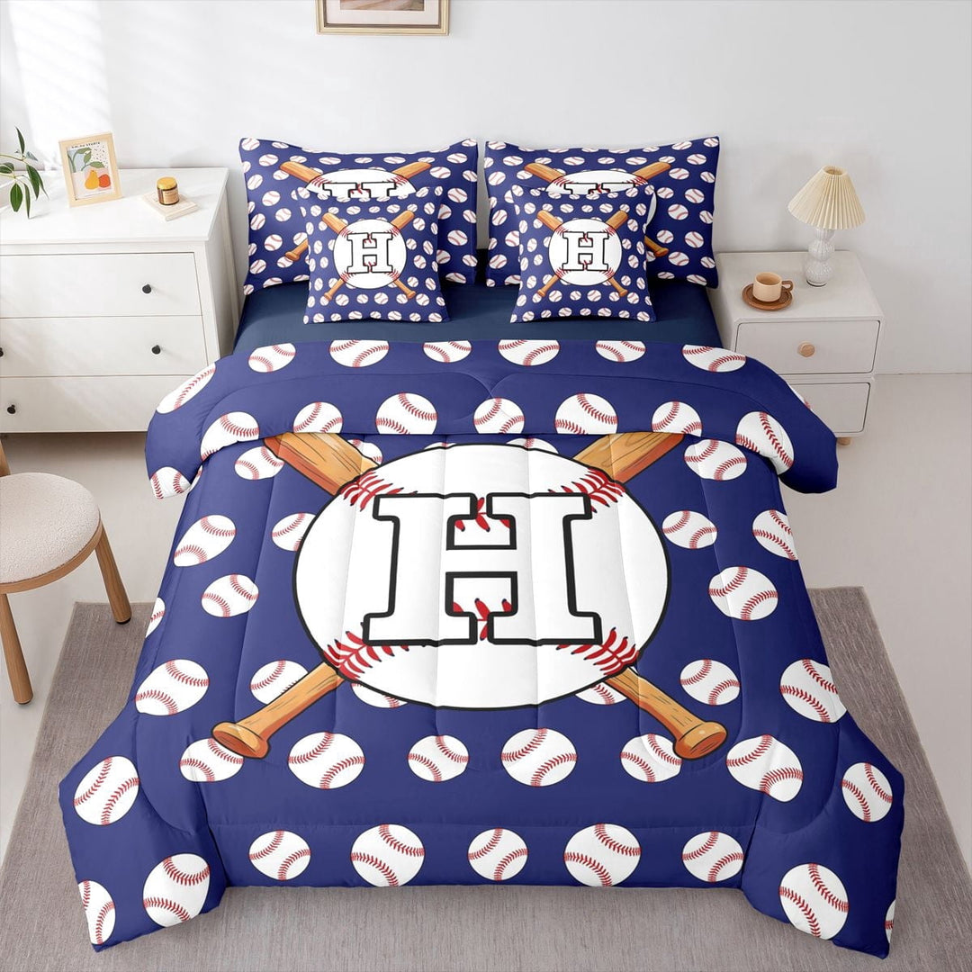 Erosebridal Personalized Initial H Baseball Print Twin Bedding Sets 7-Piece for Boys Girls,Teens Sport Theme Bedding Comforter Set,Navy Blue Reversible,Lightweight Room Decor