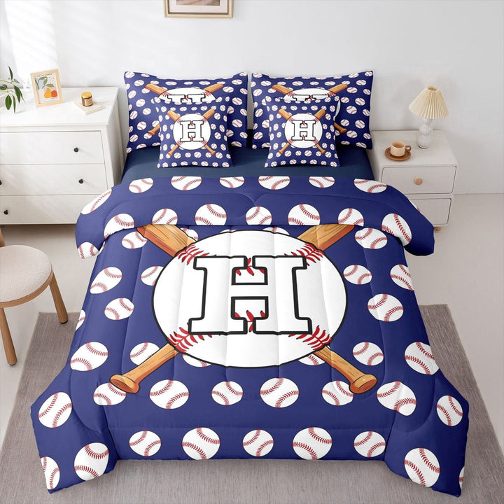 Erosebridal Personalized Initial H Baseball Print Twin Bedding Sets 7-Piece for Boys Girls,Teens Sport Theme Bedding Comforter Set,Navy Blue Reversible,Lightweight Room Decor