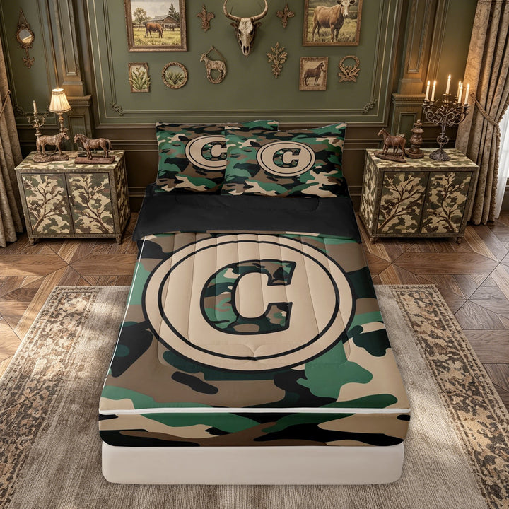 meiyoeat Camo Letter C Zipper Comforter Set with Fitted Sheet and 2 Pillowcases for Men Boys, Farmhouse Camouflage Zipper Bedding Set, Green, Black Reversible, 3pcs