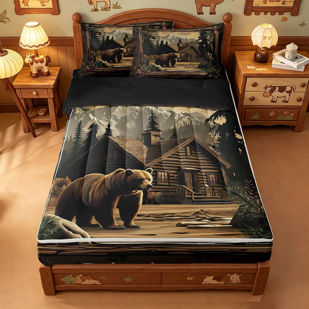 meiyoeat Rustic Cabin Bear Zipper Twin Comforter Sets with Fitted Sheet and 2 Pillowcases For Boys,Jungle Animal Theme Zipper Bedding Set For Adults,Black Reversible,4-Piece