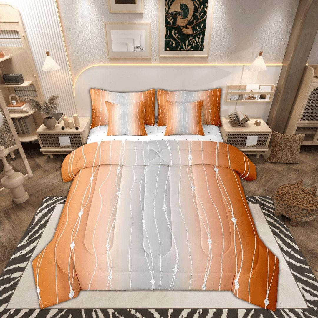 Grey and Orange Watercolor Bedding Queen Size 7pcs Wave Stripe and Dots Comforter Set, Geometric Aesthetic Bedding Comforter Sets Ombre Gradient Bed in a Bag, Modern Abstract Line Bedding Accessories