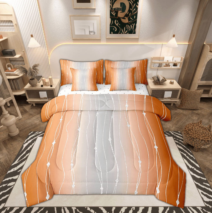 Grey and Orange Watercolor Bedding Queen Size 7pcs Wave Stripe and Dots Comforter Set, Geometric Aesthetic Bedding Comforter Sets Ombre Gradient Bed in a Bag, Modern Abstract Line Bedding Accessories