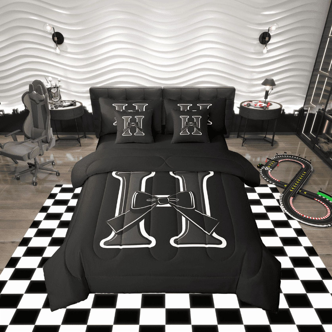 Erosebridal Initial Letter H Bedding Twin Size, Black Gray Bed in a Bag Twin size, Kawaii Bow-tie Reversible Bed Set, Lightweight Room Decorative, 7-Piece