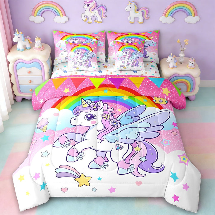 Erosebridal Kawaii Unicorn Bedding Twin Size,Magic Animal Bed Set,Rainbow Stars Triangle Bedding Sets Twin Size For Girls,Microfiber Bedroom Decoration Reversible,7pcs