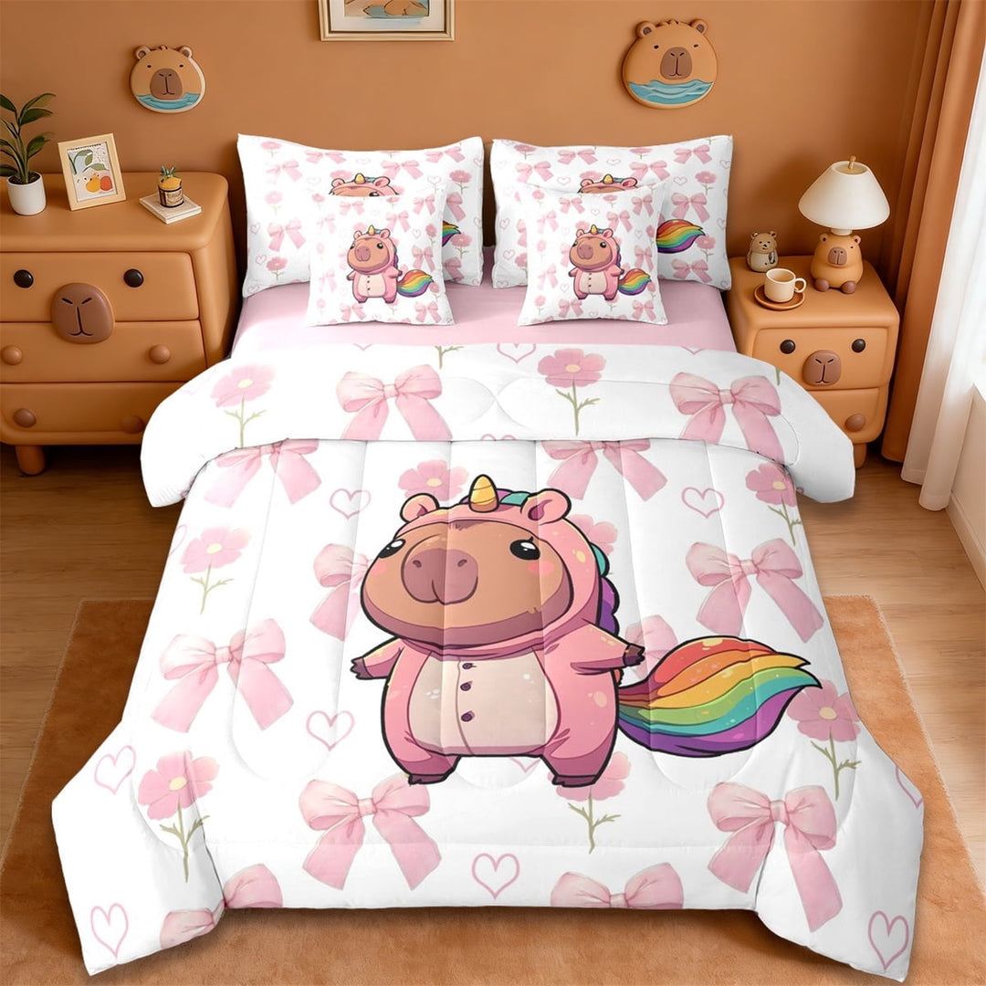 Erosebridal Funny Unicorn Capybara 7-Piece Twin Bedding Sets For Kids,Cartoon Animals Bedding Comforter Set For Bowknot Girls ,Reversible Pink
