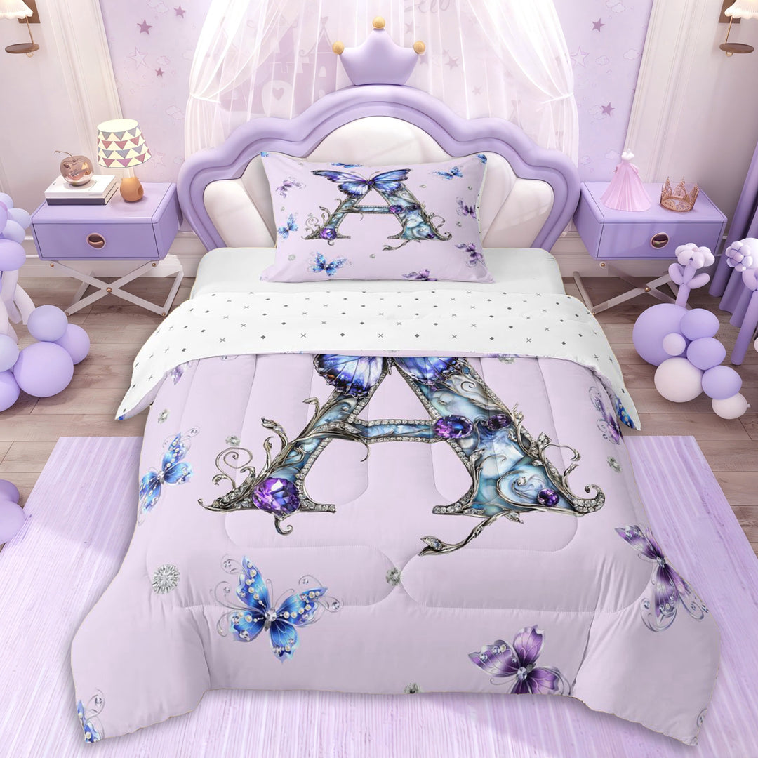 Erosebridal Personalized Initial A Twin Comforter Sets 3-Piece For Girls,Purple Blue Butterflies Bedding Set For Kids Teens,Microfiber Bedroom Decor