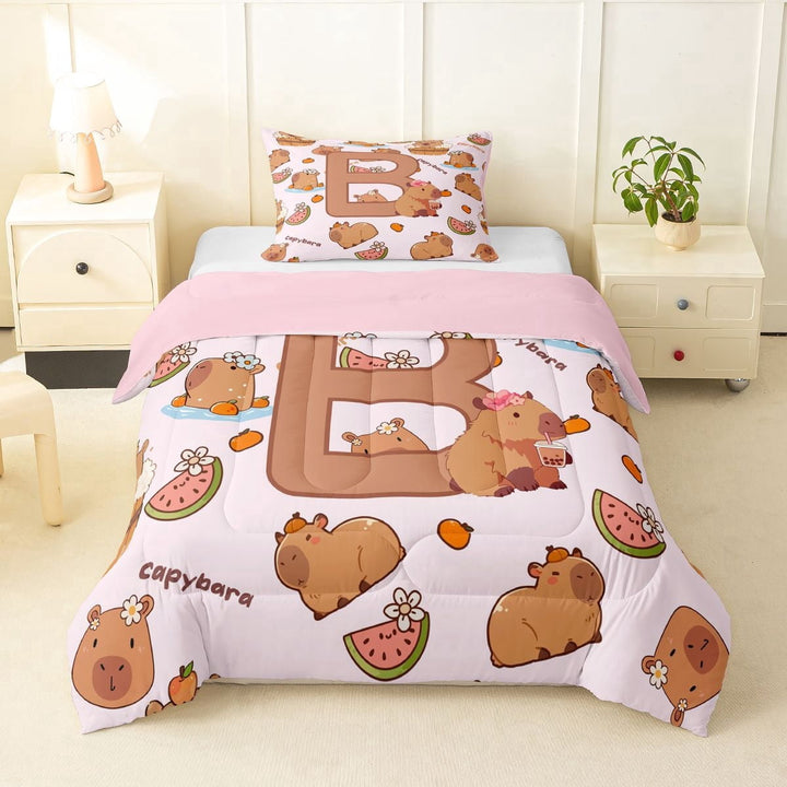 Erosebridal Girls Personalized Initial B Cute Capybara Twin Comforter Sets 3-Piece For Kids,Cartoon Fruit Orange Watermelon Flowers Bedding Set,Pink Reversible