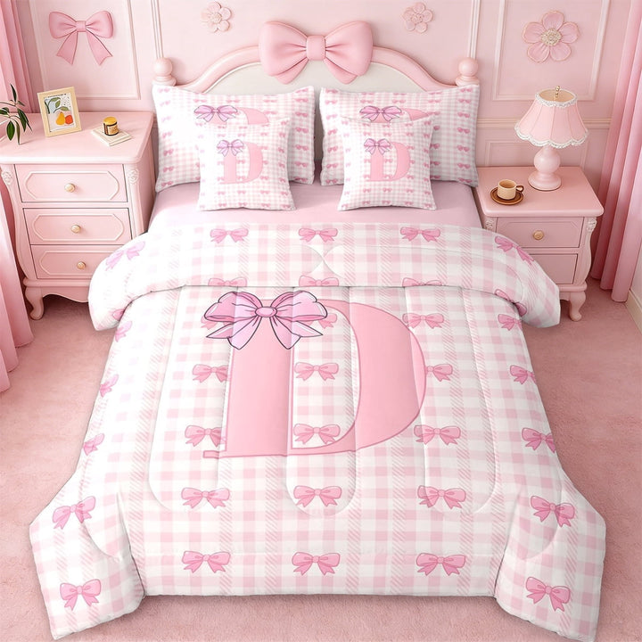 Erosebridal Kids Coquette Bow 7-Piece Twin Bedding Sets For Girls,Plaid Theme Letter D Personalized Initial Bedding Comforter Set,Pink Reversible