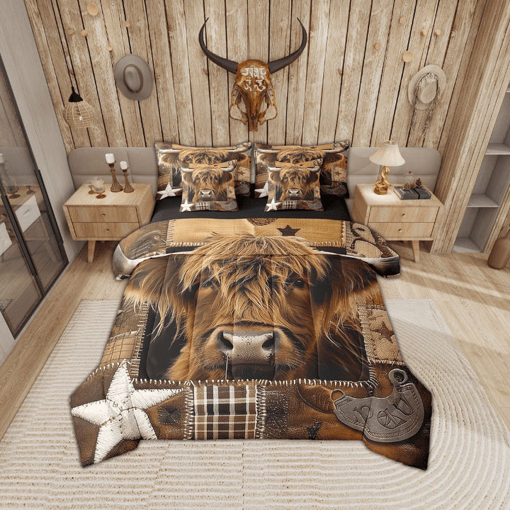 Erosebridal Cute Highland Bull Bed in a Bag Twin Size, Southwestern Cowboys Bed Set, Brown Farmhouse Decoration, Reversible 7 Pieces