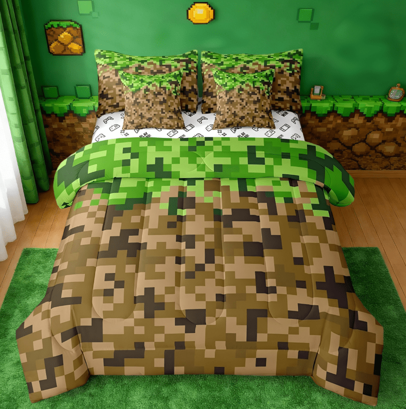 Manfei Miners Style Square Grid 7 Pieces Bedding Comforter Set,Cartoon Gamepad Pixelated Games Full Bedding Set,Brown Green Reversible