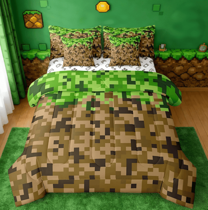 Manfei Miners Style Square Grid 7 Pieces Bedding Comforter Set,Cartoon Gamepad Pixelated Games Full Bedding Set,Brown Green Reversible