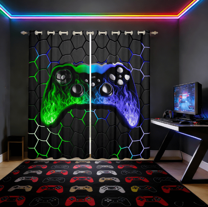 Manfei Graffiti Hippie Gamepad Curtains for Living Room,Green Blue Ombre Blackout Curtains Set of 2 (38x45),Gamer Gaming Curtains and Drapes (38x45) For Boys Kids,Super Cozy Bedroom Decor