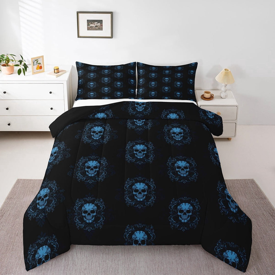 Erosebridal Gothic Skull Queen Comforter Set 3pcs,Abstract Blue Damask Bedding Comforter Set,Black Reversible,Breathable Home Decor