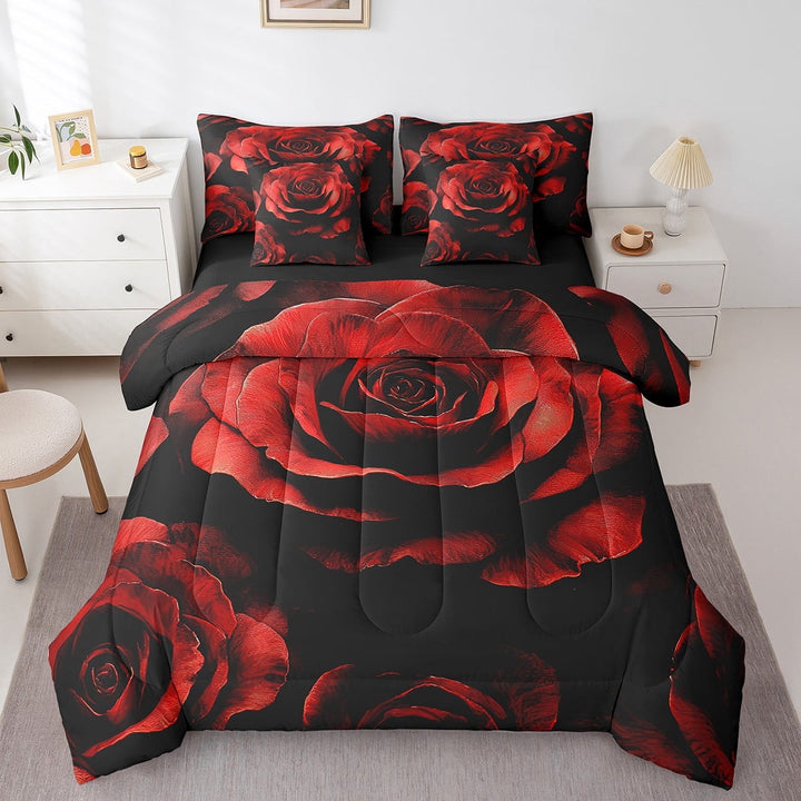 Spiral Roses Bed in a Bag Queen,Red Black Romantic Floral Comforter Set 7 Piece,Couple Lovers Valentine&