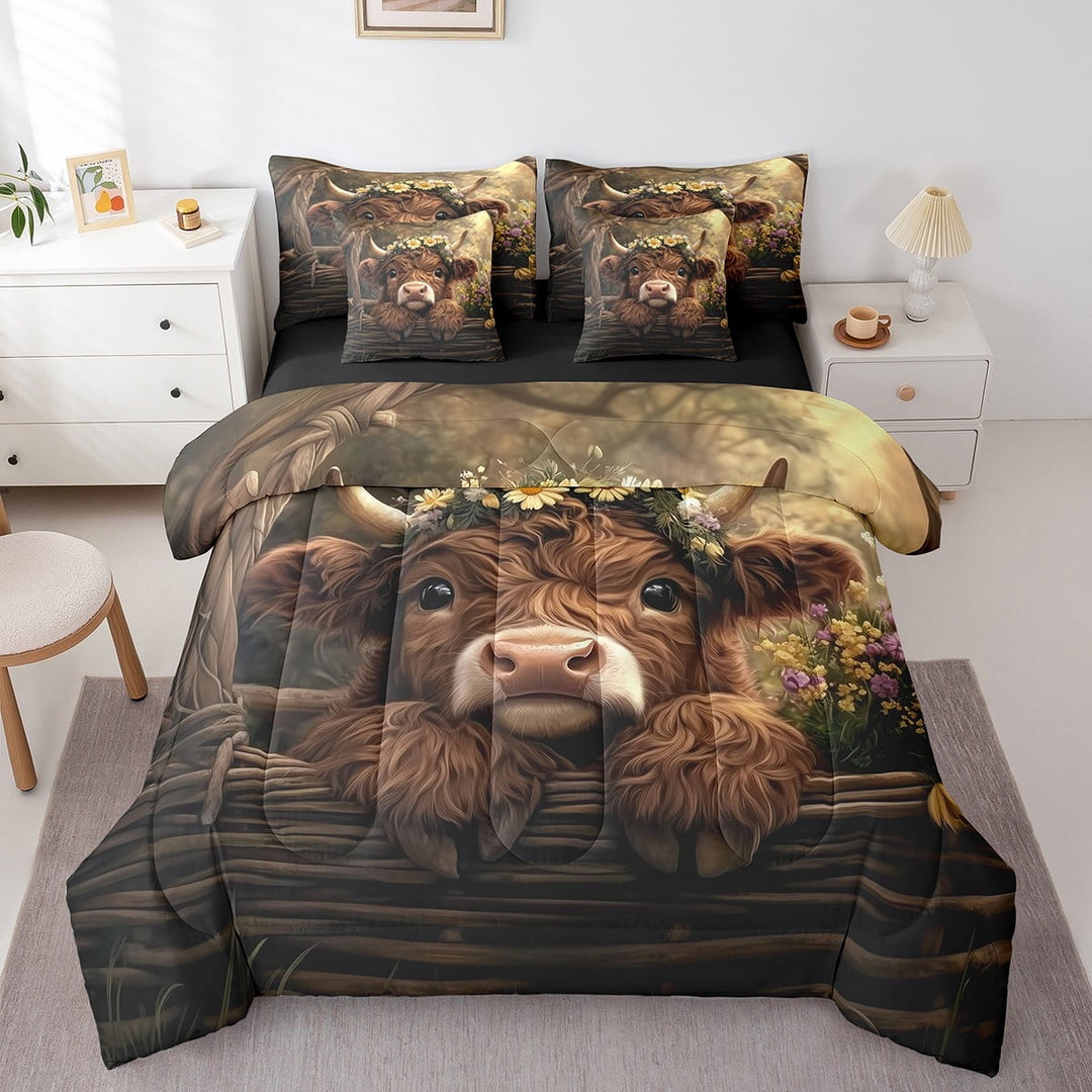Erosebridal Highland Cattle Bed in a Bag Full size,Farmhouse Animal Bed Set,Rustic Bedroom Decor,Reversible,Lightweight,7 Pieces