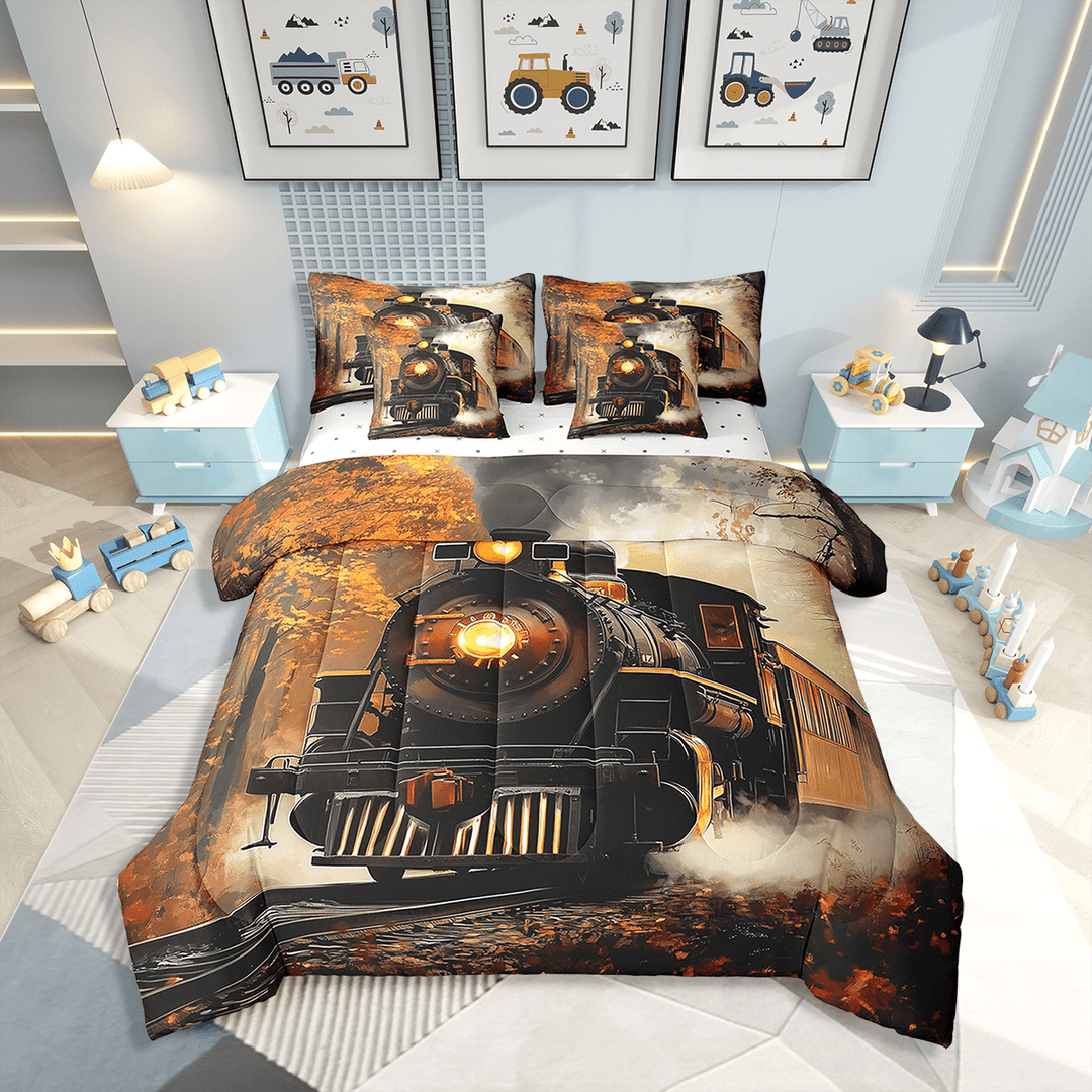 Train Bedding Set Retro Steam Engine Twin Comforter Set 7 Piece Railway Track Transport Bed In A Bag With Sheets Teen Men,Autumn Fallen Leaves Bed Set