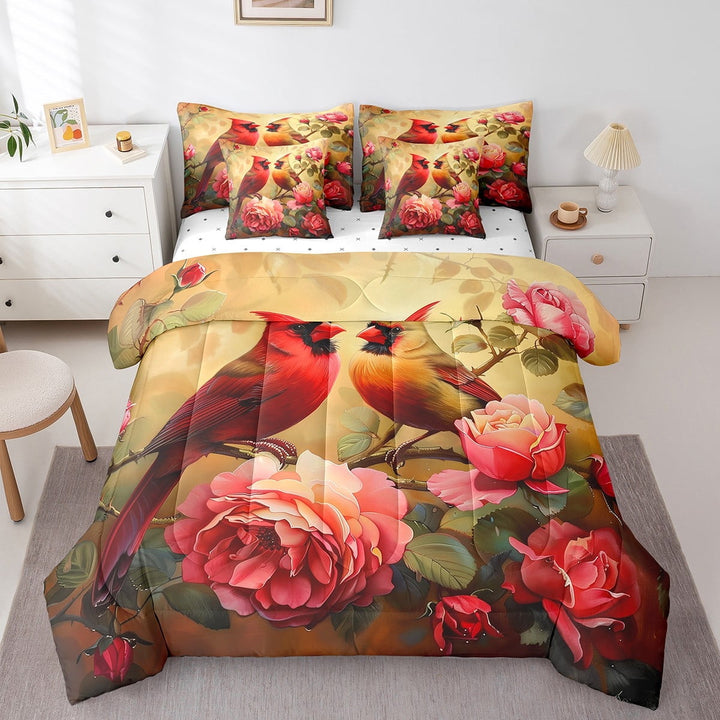 Cardinal Bed in a Bag Queen Comforter Set 7 Piece,Red Rose Bedding Sets Romantic Flowers Fitted Sheet,Wild Animal Bird Sheet Set with Comforter