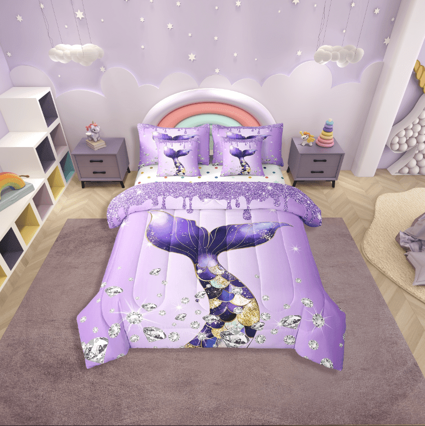 Erosebridal Princess Mermaid Bedding Sets Twin Size,Bling Crystal Comforter Sets With Sheets,Glitter Bedroom Decor,Reversible,Breathable,7Pcs